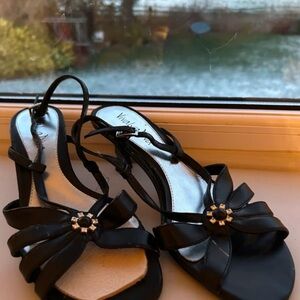 Vaneli Black Sandals with Gold Floral Detail
